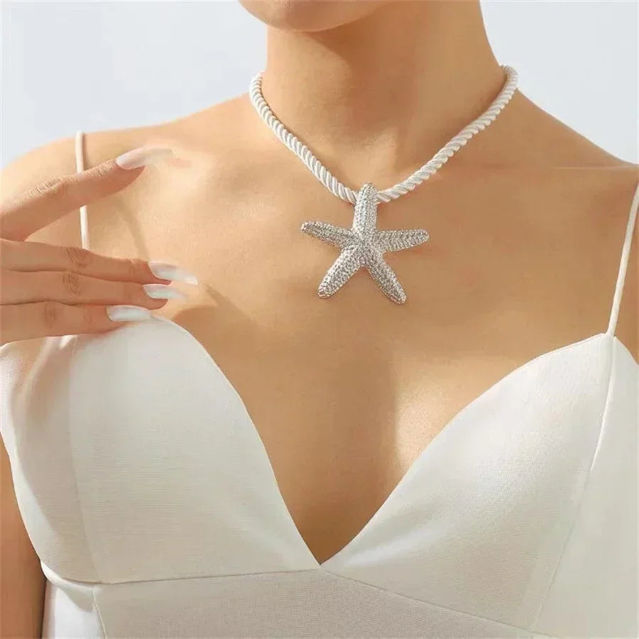 Boho Metal Big Starfish Star Pendant Necklace White Chunky Chain Y2K