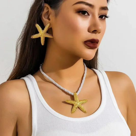 Boho Metal Big Starfish Star Pendant Necklace White Chunky Chain Y2K