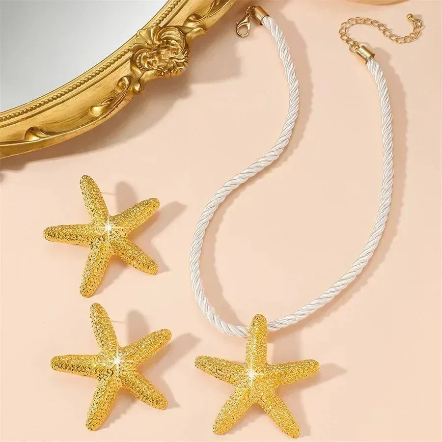Boho Metal Big Starfish Star Pendant Necklace White Chunky Chain Y2K