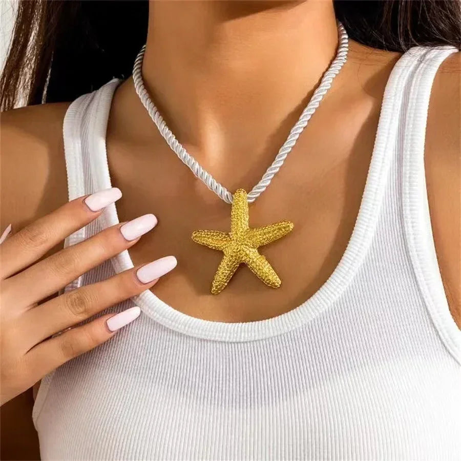 Boho Metal Big Starfish Star Pendant Necklace White Chunky Chain Y2K