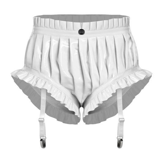 Wet-Look PU Leather Ruffled Bloomer Shorts Attached Garter Clips Briefs