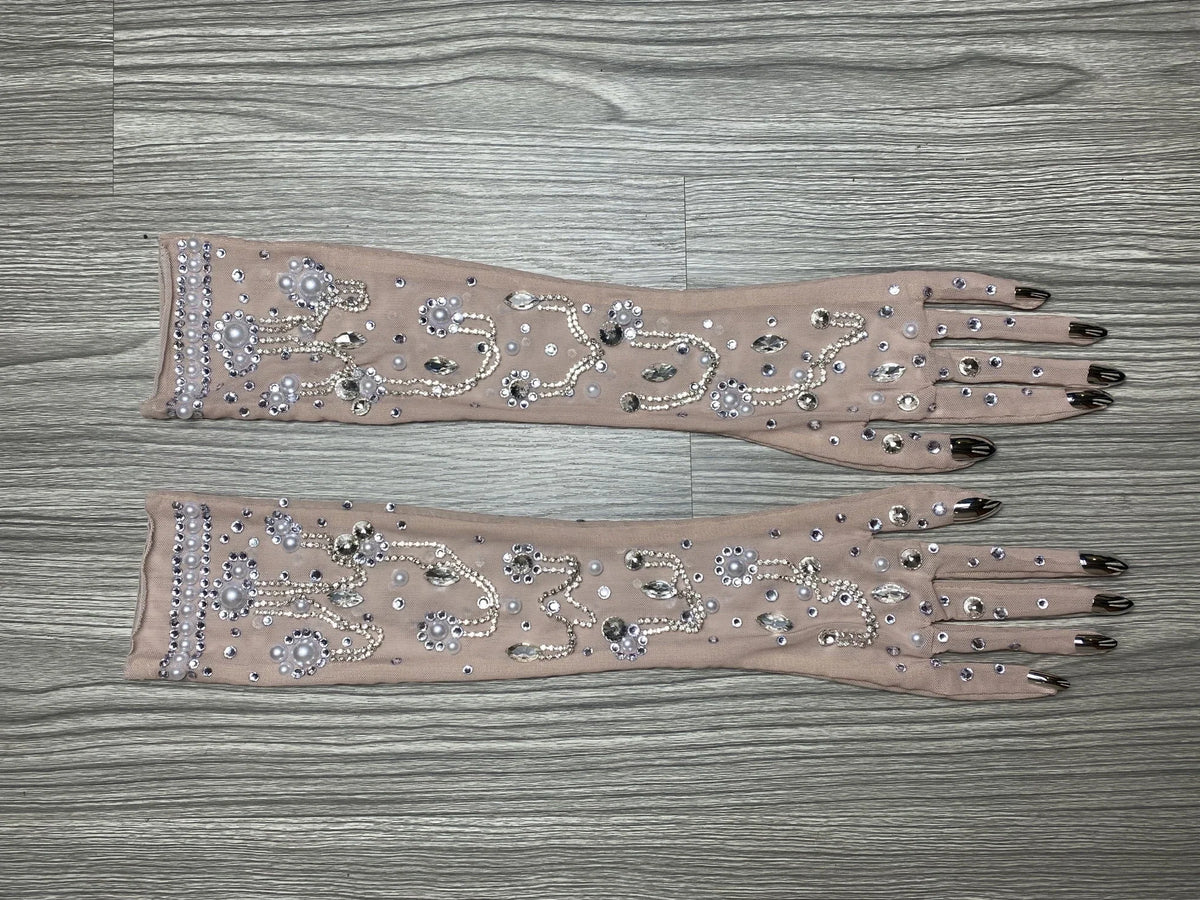 The Stardust Illusion Rhinestone Gloves – Luxury Crystal Mesh Opera Gloves