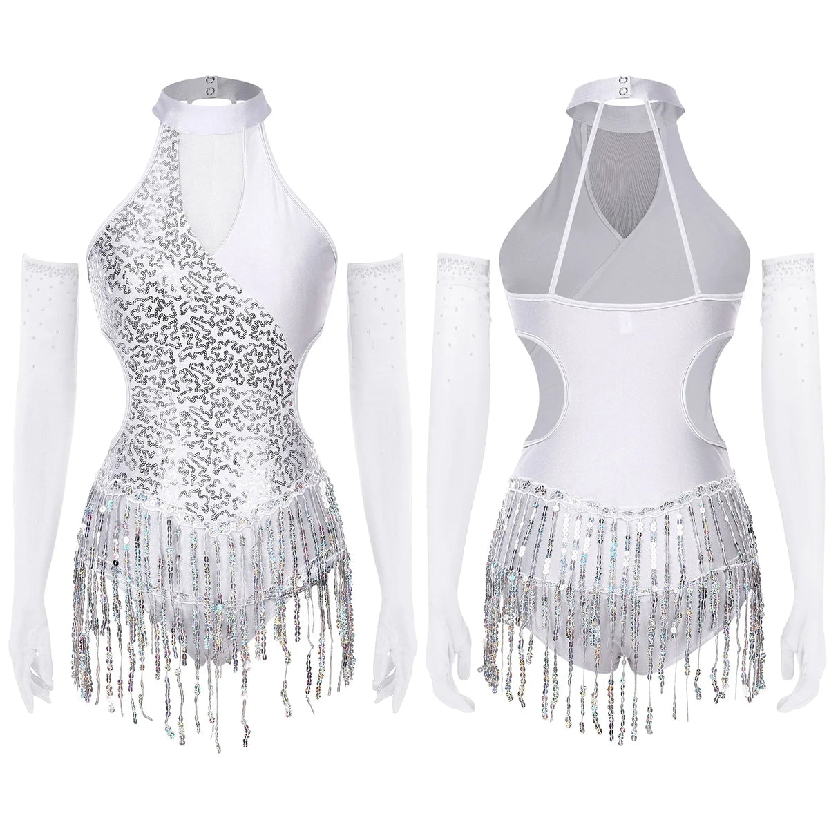 Sequined Fringe Latin Dance & Figure Skating Jumpsuit Leotard Set with Mesh Gloves