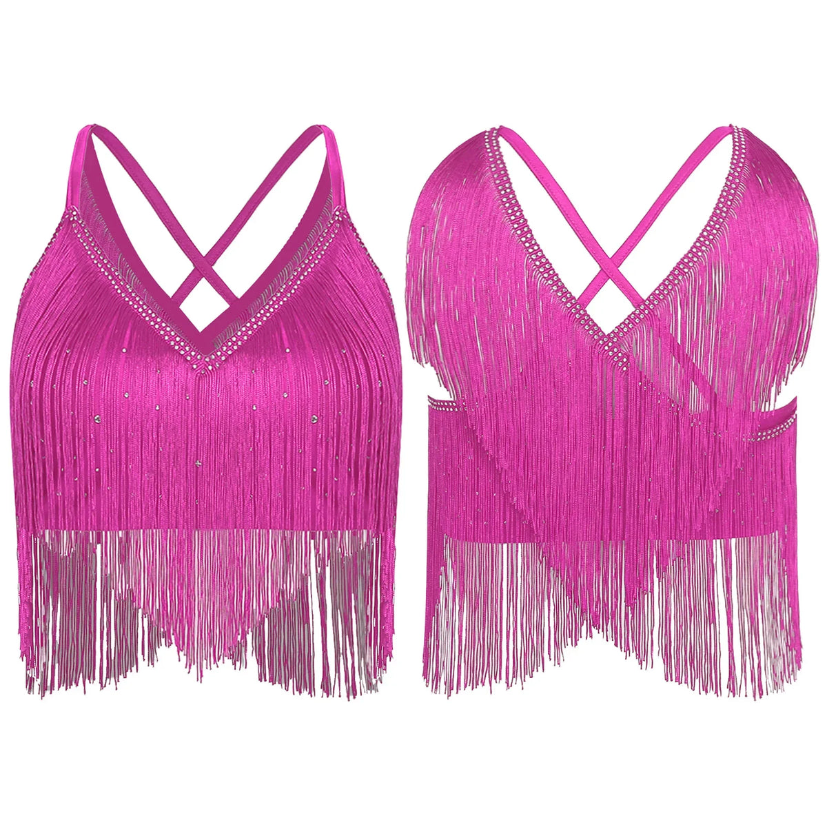 V-Neck Crisscross Back Tassel Fringe Crop Top Latin Salsa Dance Costume