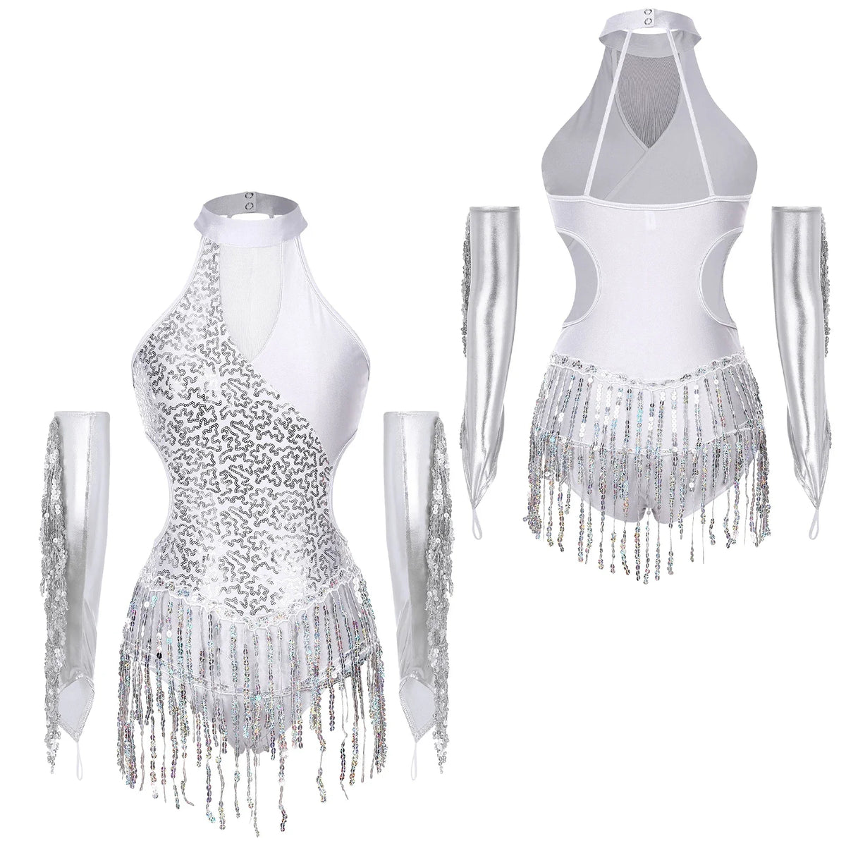Sequined Fringe Latin Dance & Figure Skating Jumpsuit Leotard Set with Mesh Gloves