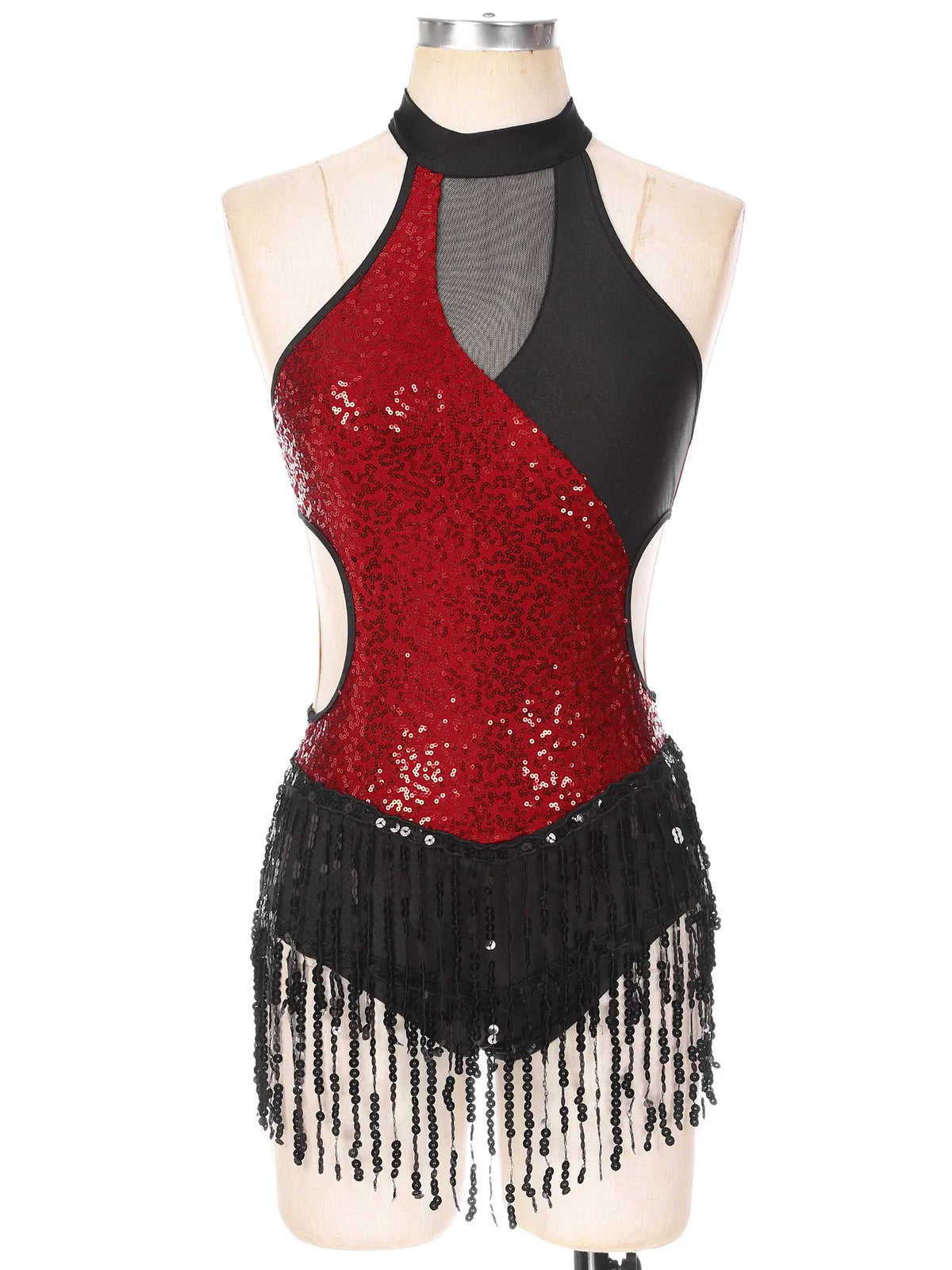 Sequined Fringe Latin Dance & Figure Skating Jumpsuit Leotard Set with Mesh Gloves