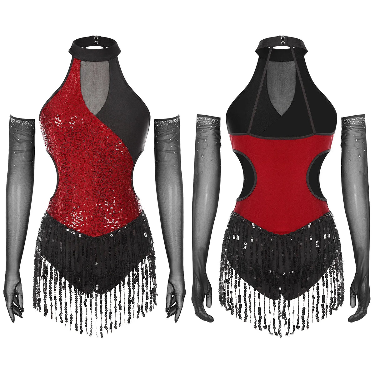 Sequined Fringe Latin Dance & Figure Skating Jumpsuit Leotard Set with Mesh Gloves