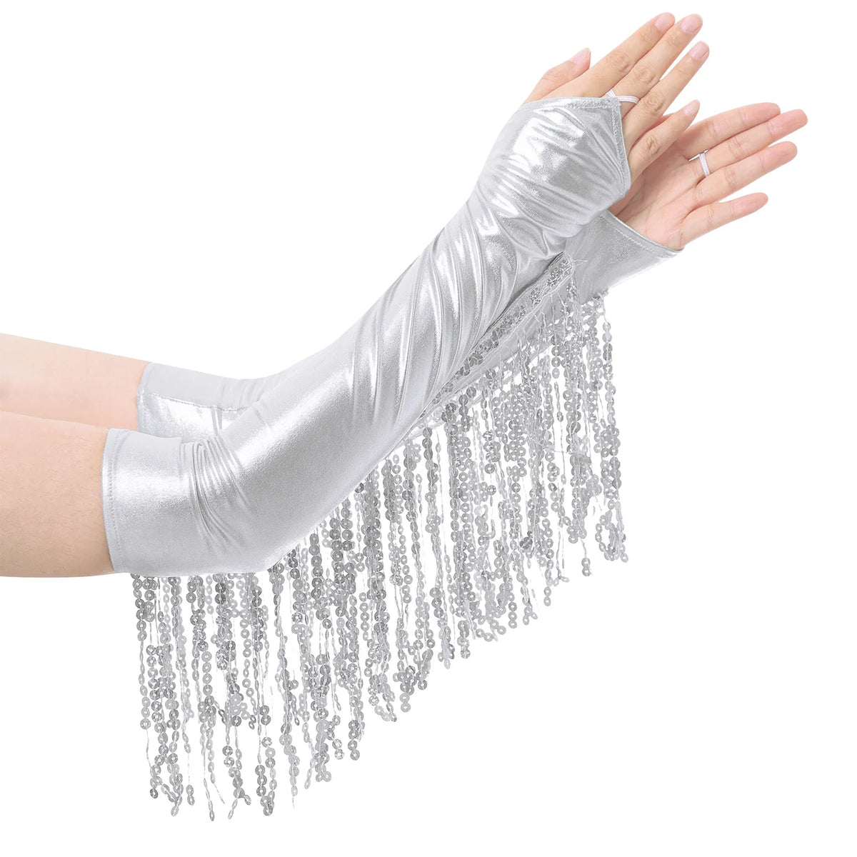 Sequined Fringe Latin Dance & Figure Skating Jumpsuit Leotard Set with Mesh Gloves