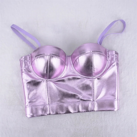 Purple Metallic PU Leather Bustier Corset Crop Top High Street Bralette