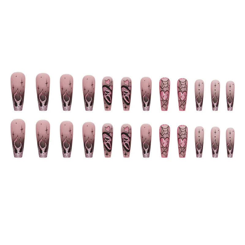 24pcs Glitter Pink Sequins Fake Nails 2026 Halloween Scary Skull Love Print False Nails Wearable European Ballet Press on Nails