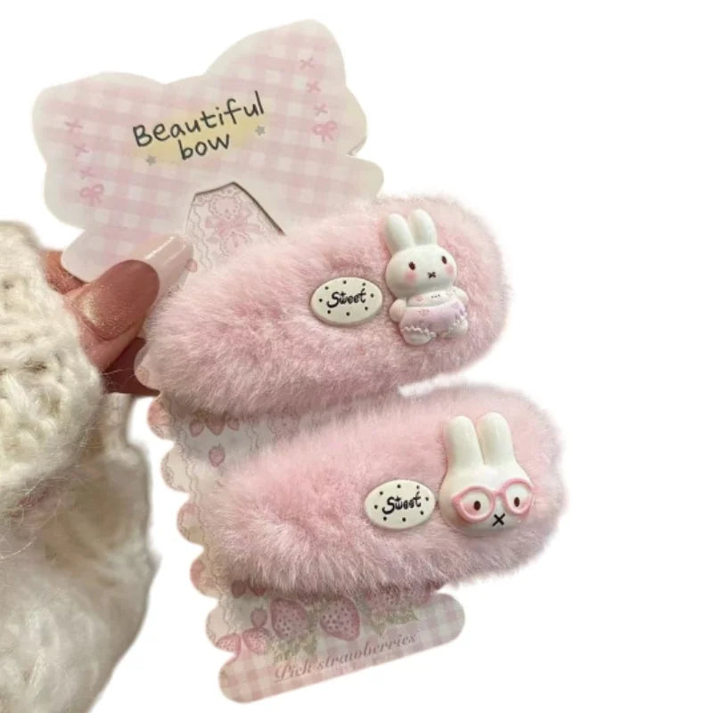 Cute Pink Plush Miffy Hair Clip - Japanese Cartoon Hairpin for Girls, Autumn/Winter Bangs Accessory