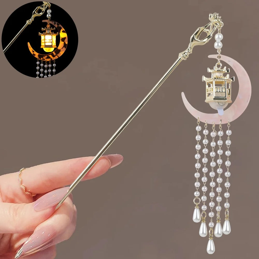 Luminous Flower Hairpin Lotus Light Lantern Tassel Hair Stick