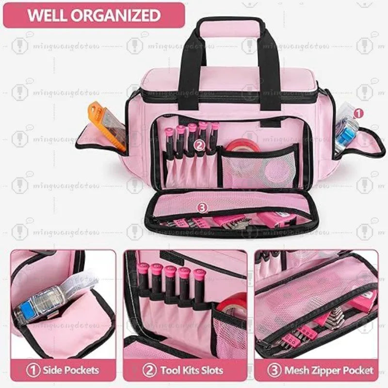 Pink Handheld Tool Bag with Anti-Wear Base, Multi-Pocket Storage Pouch for Electricians Carpenters Repairmen