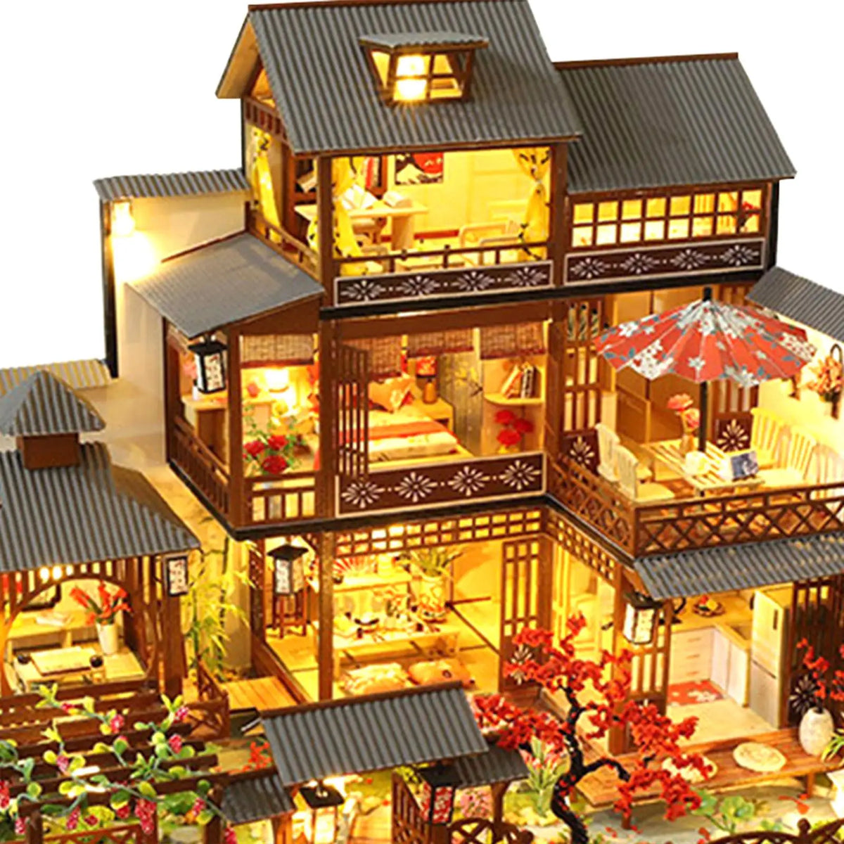 Japanese Courtyard Miniature Dollhouse Kit 1 24 Scale Wooden Model with LED Lights and Furniture for Creative Adults Home Gift