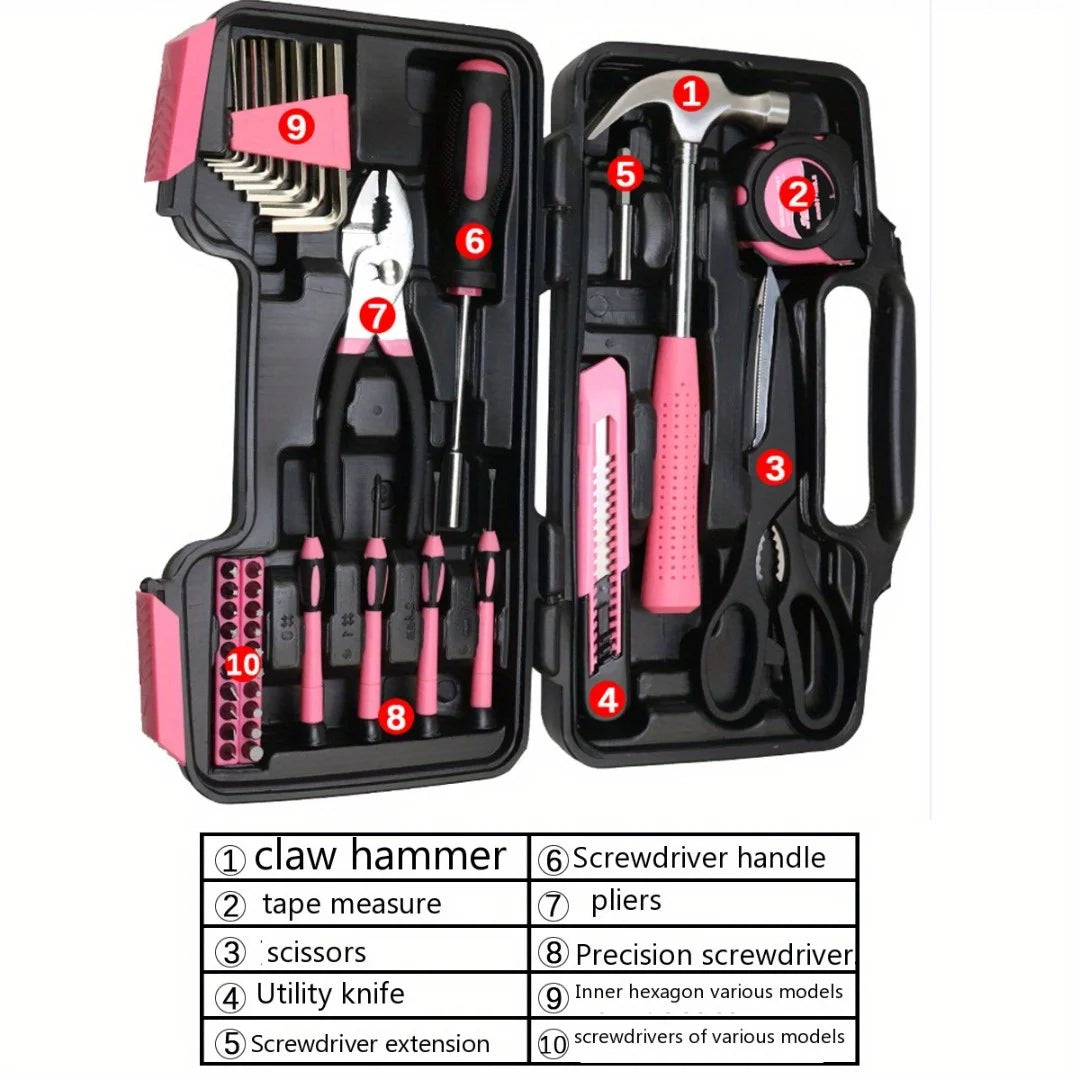 39Pcs/1 Set Pink Car Auto Tool Set with Tape Measure Claw Hammer Hex Key Scissors Household Repair Kit Box