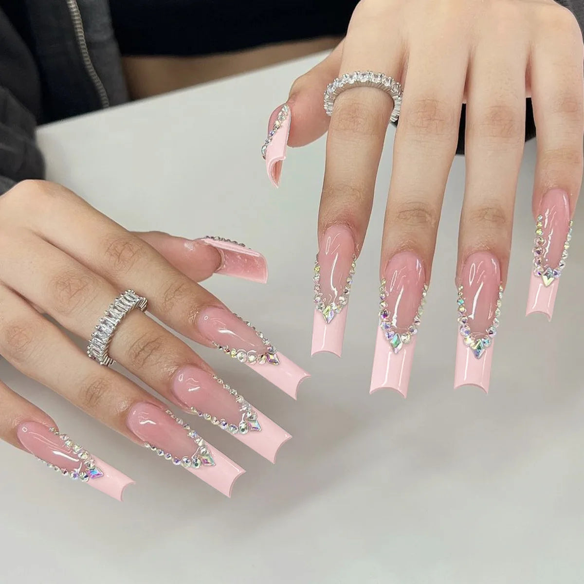 24pcs Long Ballet False Nails Pink Purple Flower Rhinestone Full Cover Nail Tips Wearable French Square Press on Fake Nails Sets