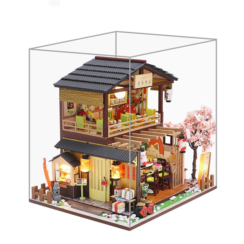 DIY Wooden Miniature Model Kit Japanese Sushi Store Casa Doll Houses 3D Puzzle Dollhouse With Furniture Lights for Friends Gifts