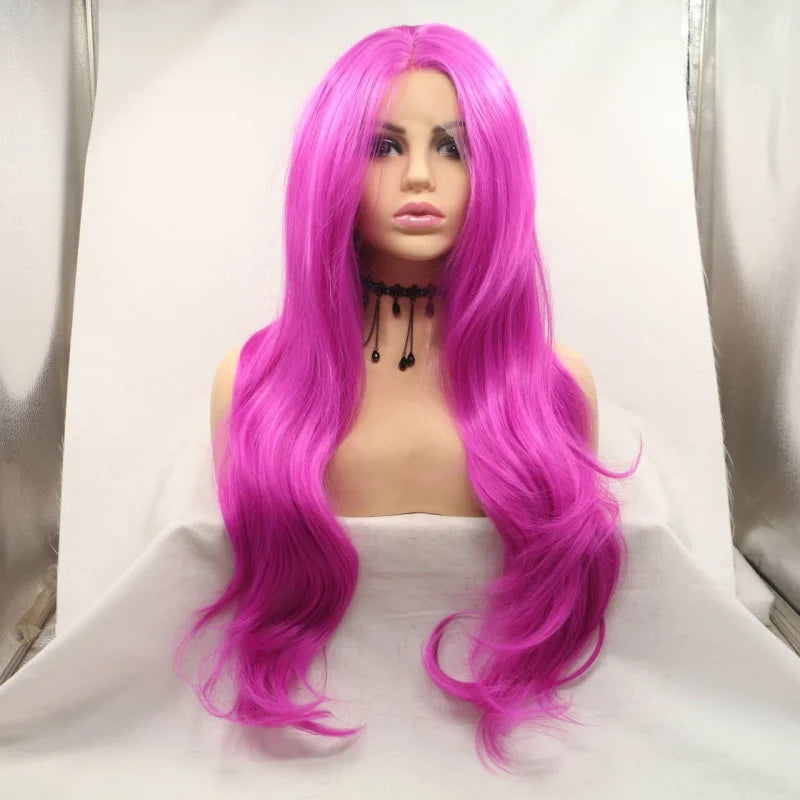 Women's wig in rose pink with large wavy long curls, hand-tied front lace, synthetic fiber, matte finish, full head cover