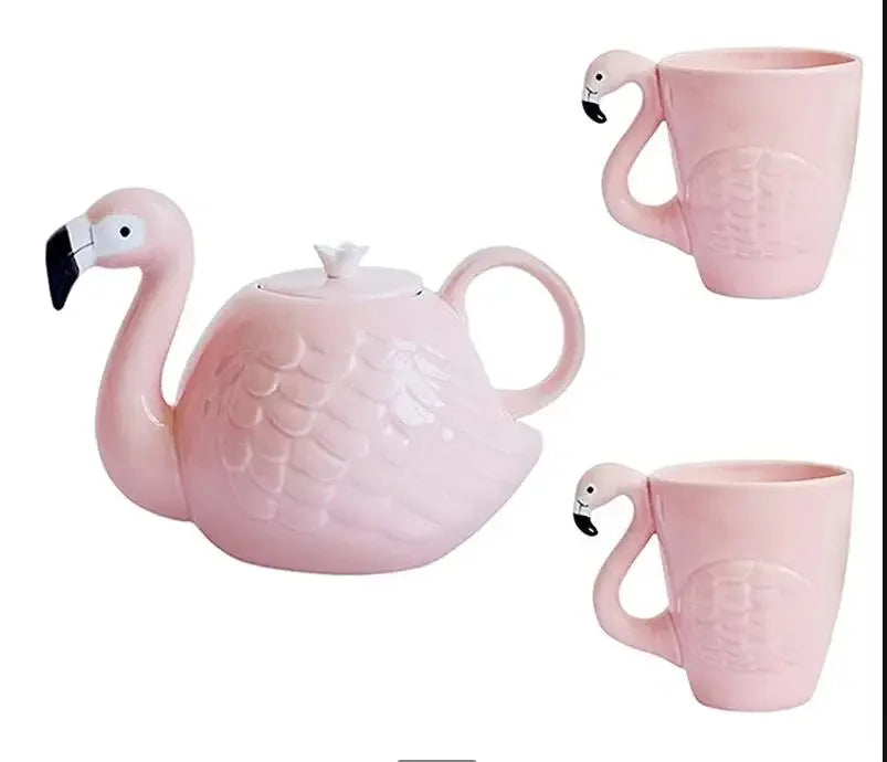 Flamingo Teapot Set Ceramic With Handle Cute Animal Mark Cup Pink Porcelain Tea Pot Teaware Drinking Tools