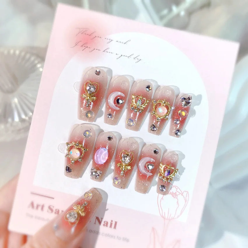24pcs Kawaii Cartoon Rabbit Press On Nails Bowknots Diamond Decor Mid-length Coffin False Nail White French Blush Pink Fake Nail