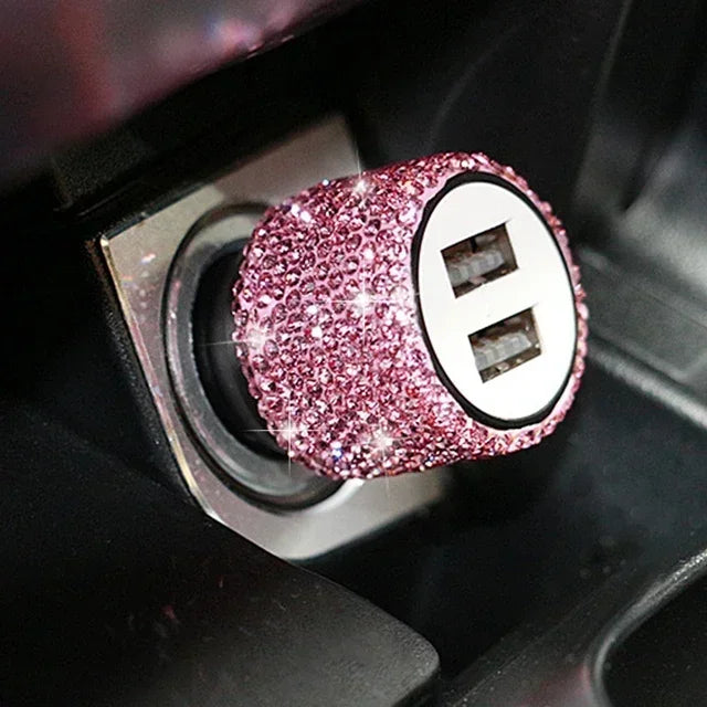 Rhinestone Car Charger 5V 2.1A Dual USB Port Fast Adapter Pink Car Decor Car Styling Diamond Car Accessories Interior for Woman