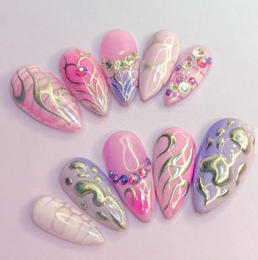 10Pcs 3D Flower Bow Gel Acrylic Nails Almond