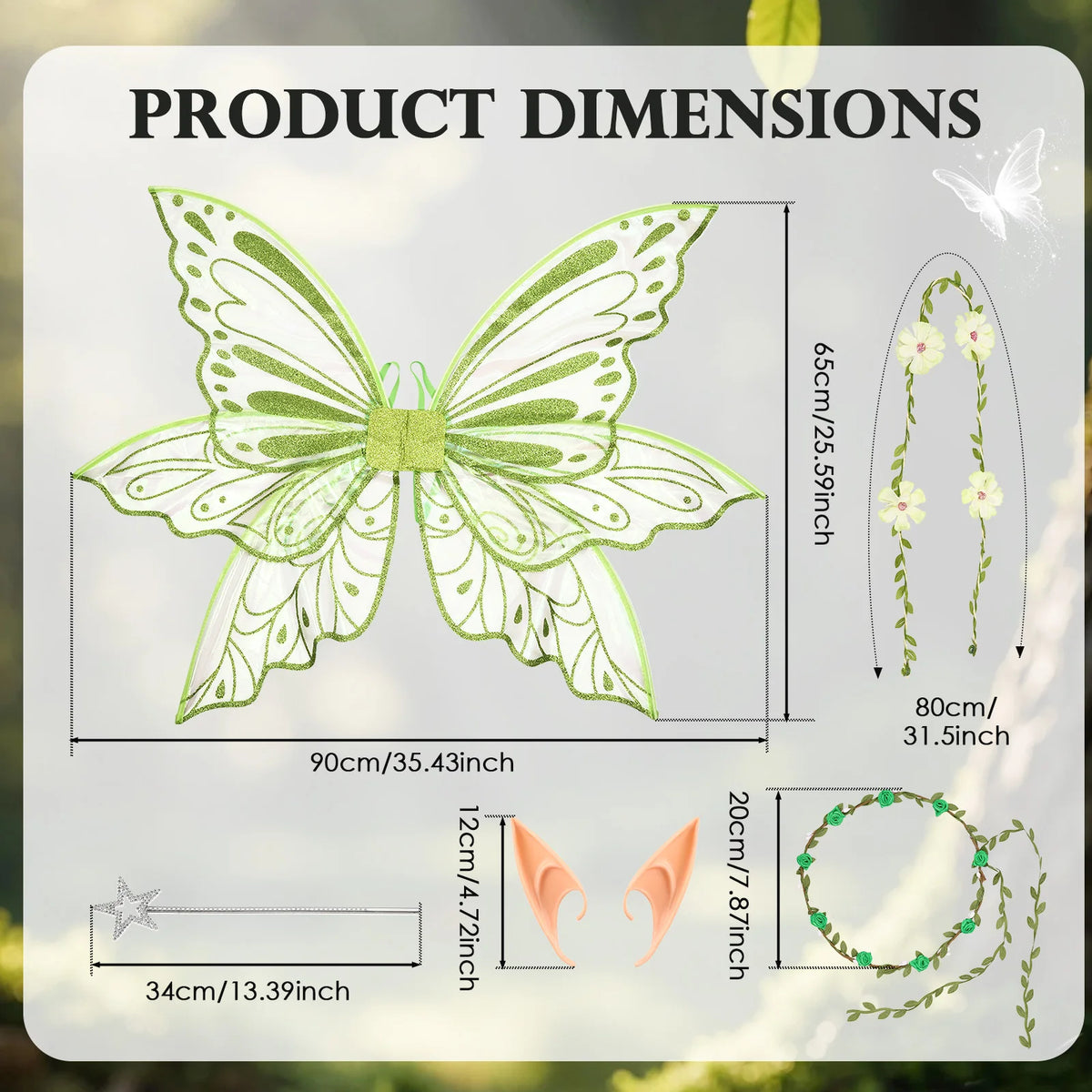 Elf Wing Dress Up Fairy Costume Set with Floral Garland Fairy Hair Tinsel Wand and Elf Ear Princess Halloween Costume Photo Prop