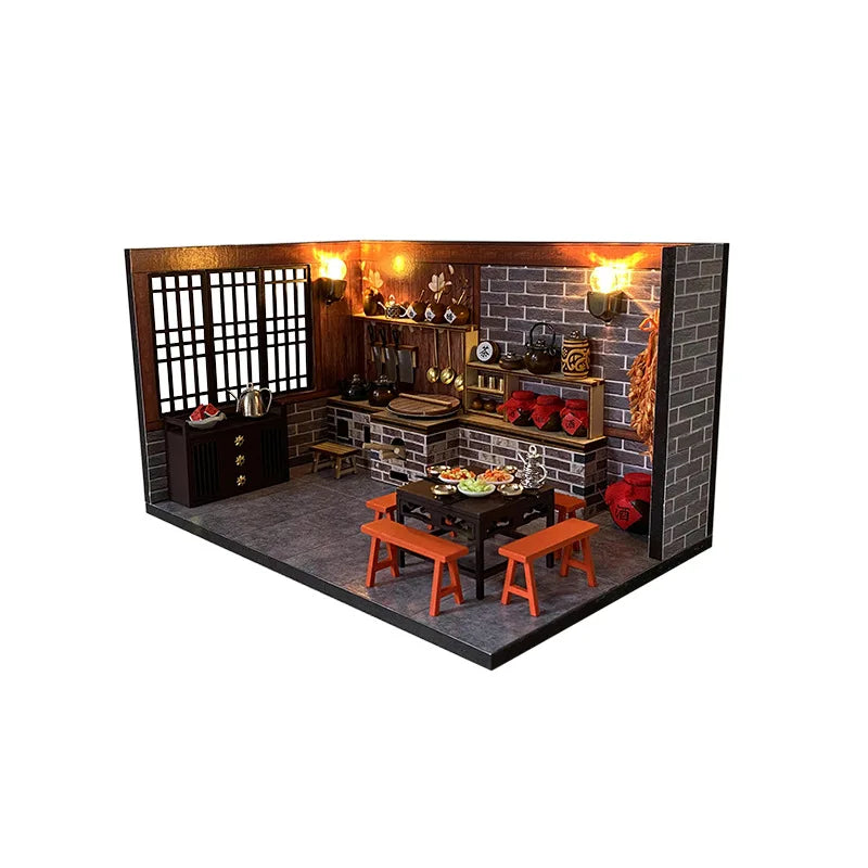 DIY Dollhouse Miniature Chinese Ancient Kitchen Kit Vintage Wooden Assembly Model with LED Lights Pretend Play Educational Toy