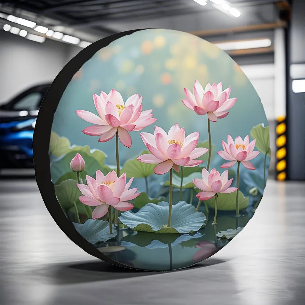 Pink Lotus Flowers Tire Cover Polyester Waterproof Spare Wheel Protector for SUV