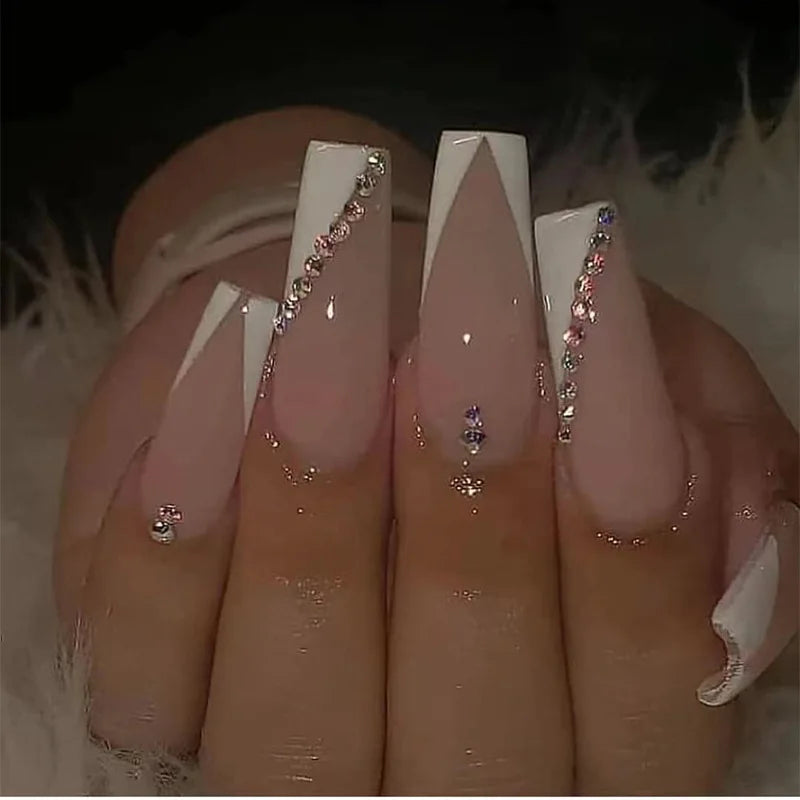 24pcs Long Ballet False Nails Pink Purple Flower Rhinestone Full Cover Nail Tips Wearable French Square Press on Fake Nails Sets