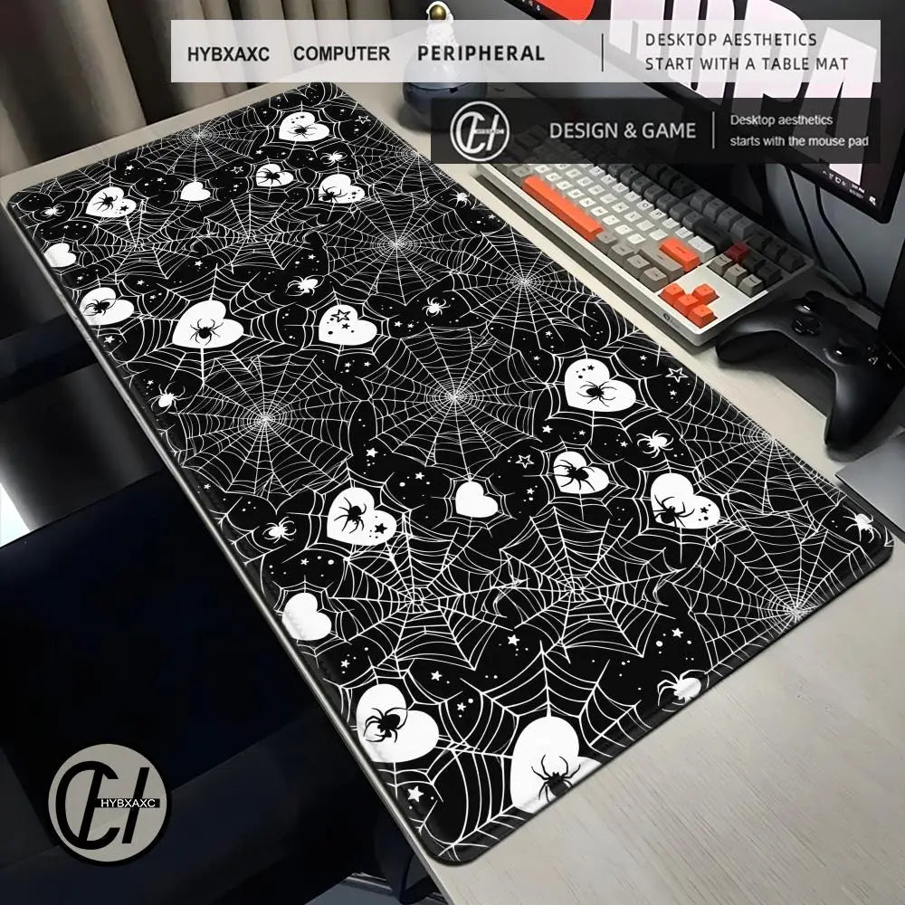 90x40 White or Pink Spiderweb Hearts Desk Mat  Pastel Kawaii Gothic Emo Cute Computer Laptop Office Tech Gaming Setup Mouse Pad