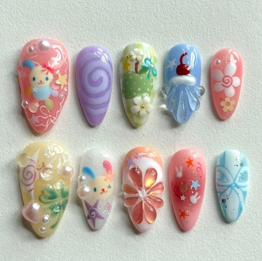 10Pcs 3D Flower Bow Gel Acrylic Nails Almond
