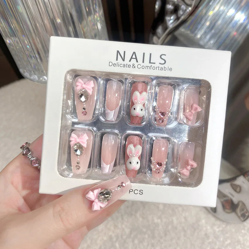 24pcs Kawaii Cartoon Rabbit Press On Nails Bowknots Diamond Decor Mid-length Coffin False Nail White French Blush Pink Fake Nail