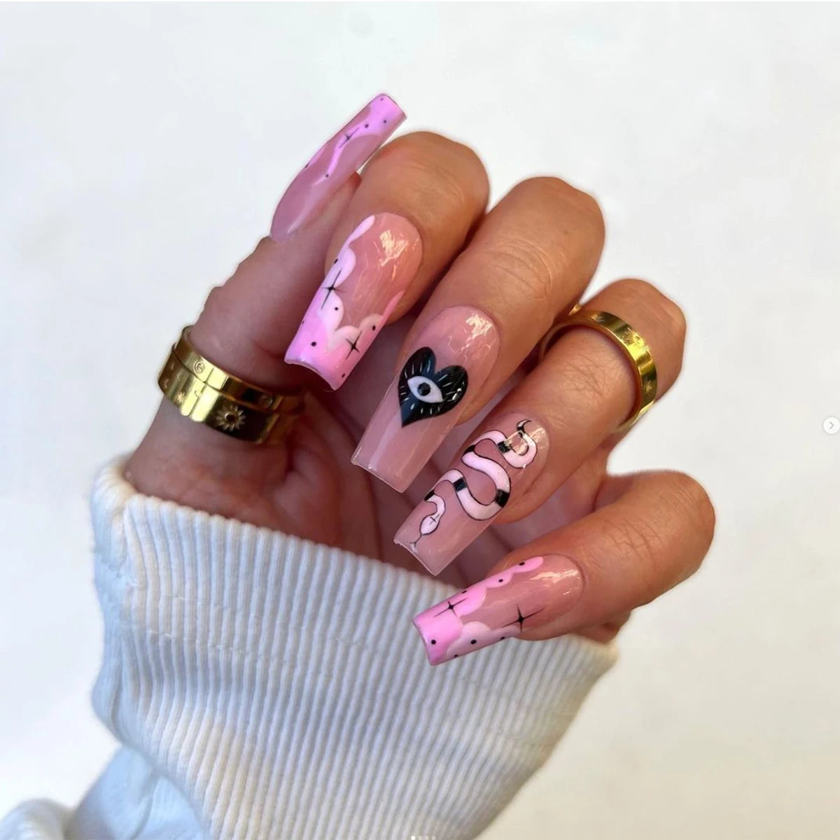 24pcs Long Square Press On Nails, Nude Black Pink French Tips with Ghost Bat Spider Web Blood Drip Print, Sweet Gothic Halloween