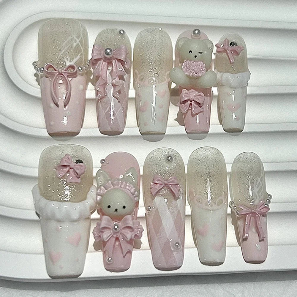 10 Pieces Kawaii 3D Bow Teddy Bear French Handmade Press On Nails Cute Blue Bunny Long Fake Nails Pearls Polka Dot Girl Nail Art