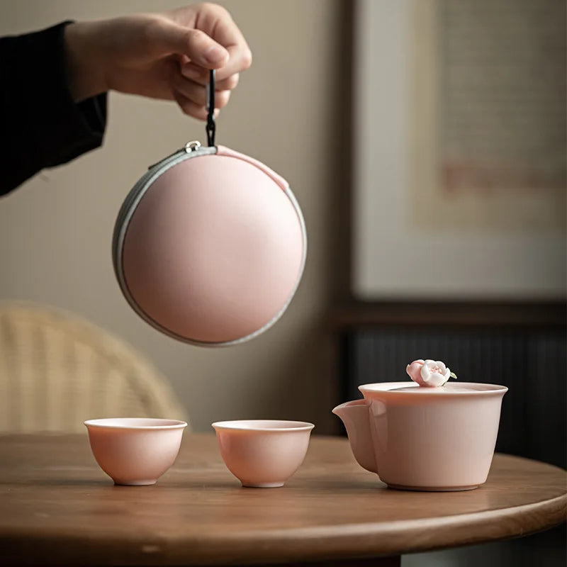 Handmade Pink Flower Carving, Travel Camping, Fast Guest Cup, Kung Fu Tea Set, Ceramic Teapot, Gaiwan Tea Ceremony, Ladies' Gift