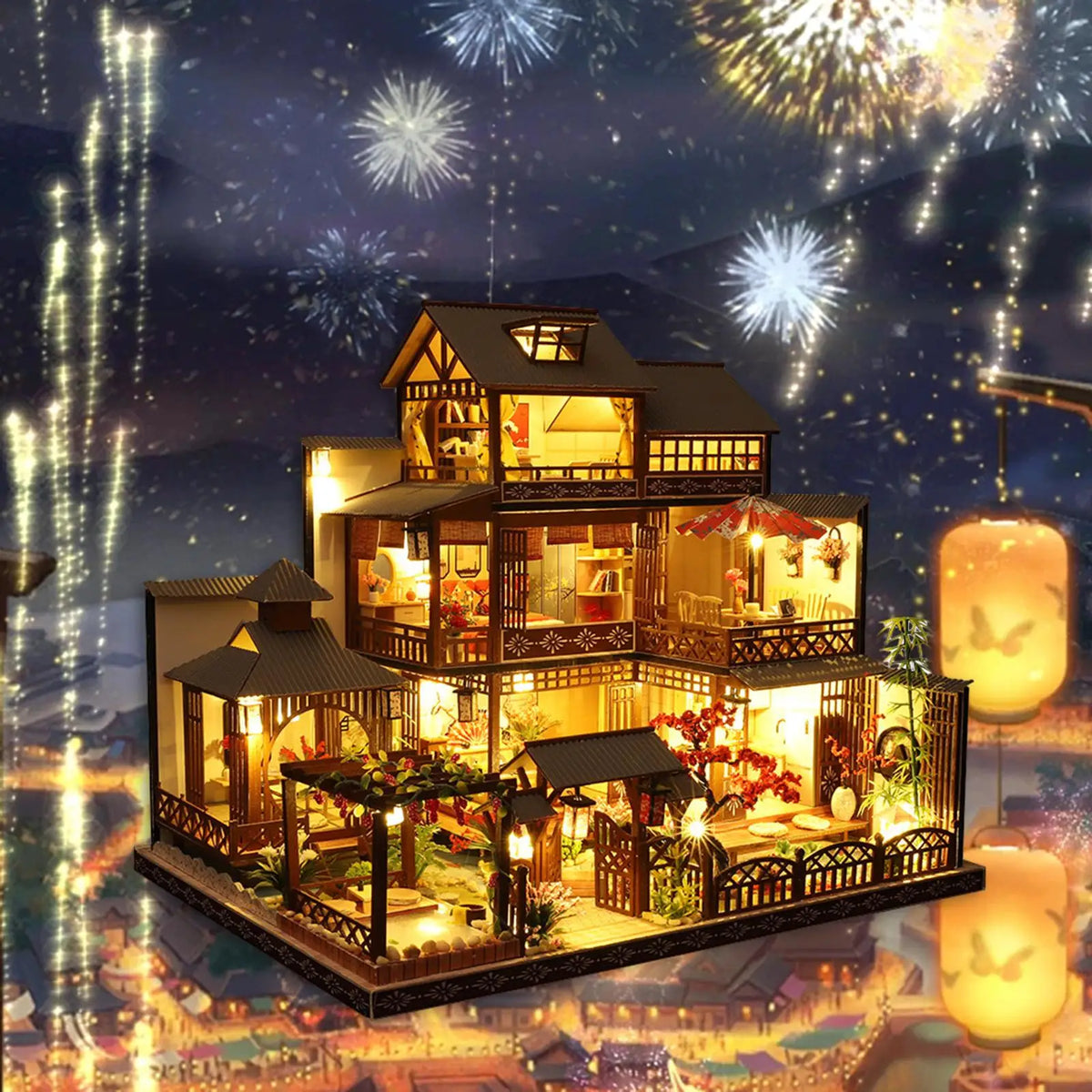 Japanese Courtyard Miniature Dollhouse Kit 1 24 Scale Wooden Model with LED Lights and Furniture for Creative Adults Home Gift