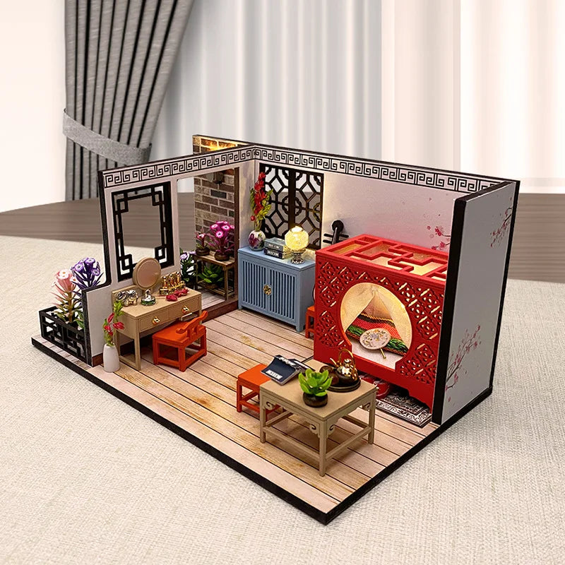 DIY Dollhouse Miniature Chinese Ancient Kitchen Kit Vintage Wooden Assembly Model with LED Lights Pretend Play Educational Toy