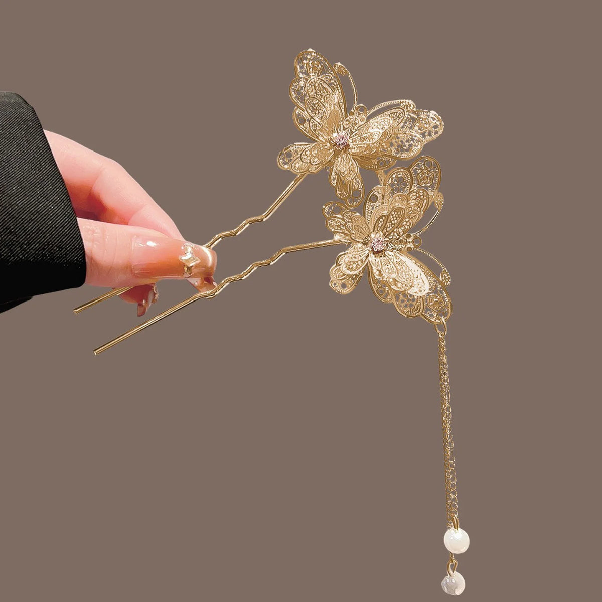 Neo Chinese Double Butterfly Tassel Hairpin Elegant Alloy Vintage Chinese Style For Wedding Party Daily Retro Outfit Women