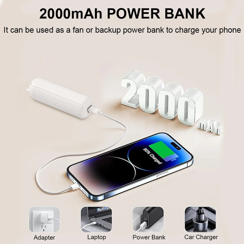 3 Speed Foldable Portable Mini Fan with Power Bank 2000mAh USB Rechargeable