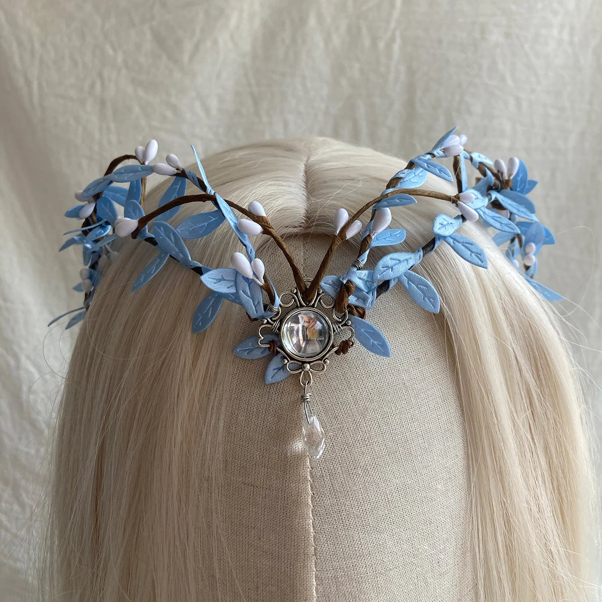 White Gem Woodland Fairy Crown ELF Tiara Boho Bridal Headband Blue Leaves Elven Headpiece Fairy Costume Circlet Renaissance