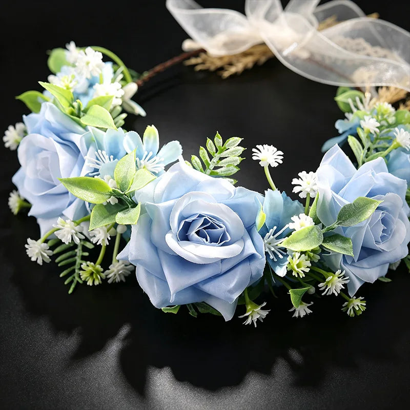 Haze Blue Flower Hair Hoop with Long Tulle Ribbon for Outdoor Wedding Engagement Women Girls Headwear