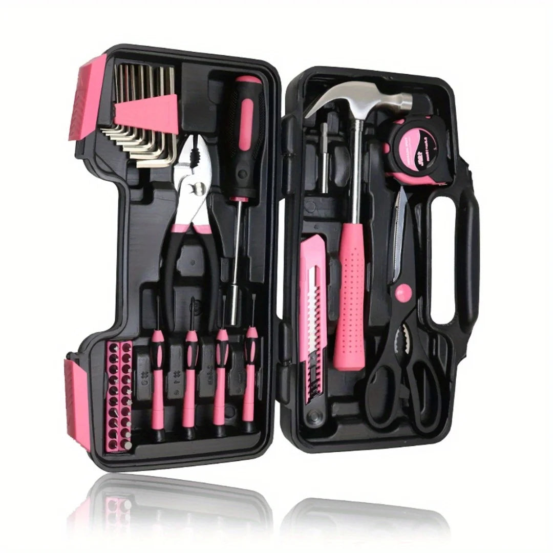 39Pcs/1 Set Pink Car Auto Tool Set with Tape Measure Claw Hammer Hex Key Scissors Household Repair Kit Box