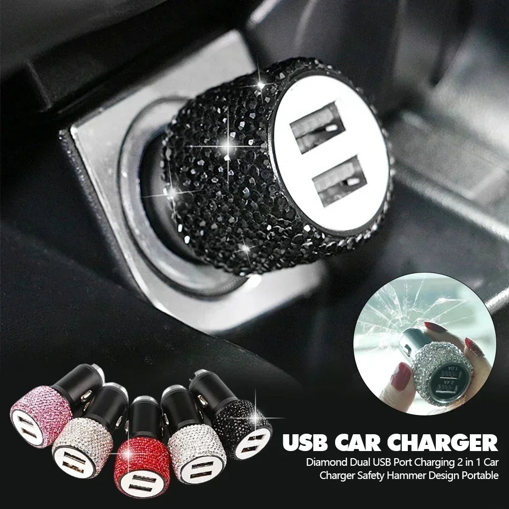 3in1 USB Car Charger 5V 2.1A Dual Port Fast Adapter Pink Car Decor Car Styling Diamond Interior Car Accessories Dropshipping