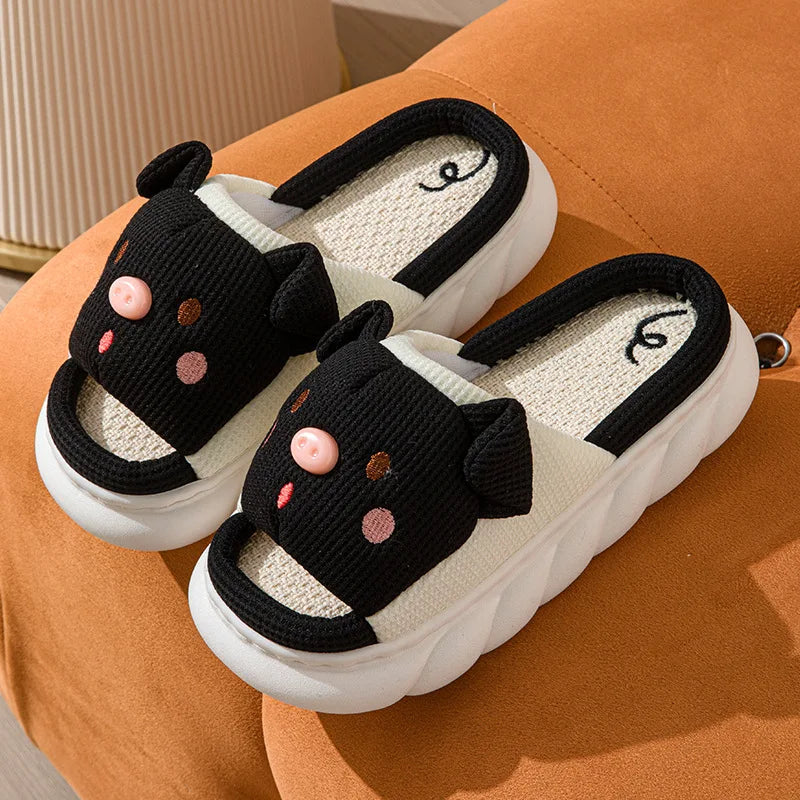 Home Linen Slipper for Women Cute Bunny Clouds Flip Flops Female Design Cozy Shoes Slides Four Season Platform Couples Sandals