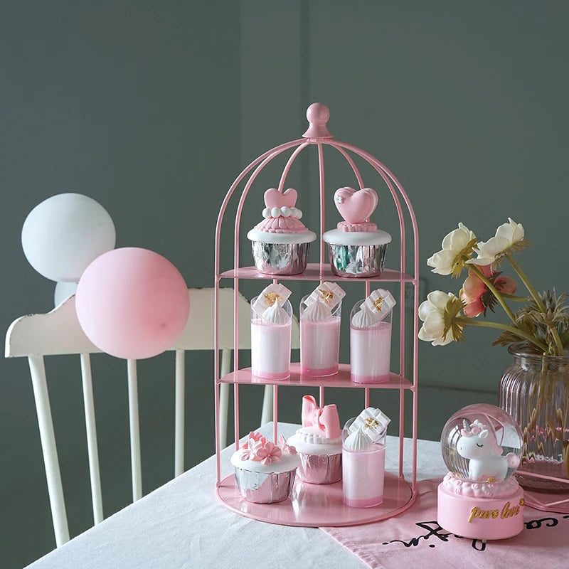 Bird Cage Shape Wrought Iron Snack Cake Rack, Pink Wedding Dessert Table Props Cake Display Stand