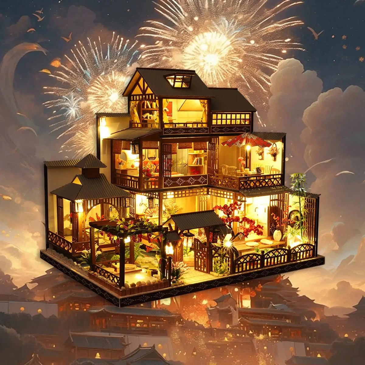 Japanese Courtyard Miniature Dollhouse Kit 1 24 Scale Wooden Model with LED Lights and Furniture for Creative Adults Home Gift
