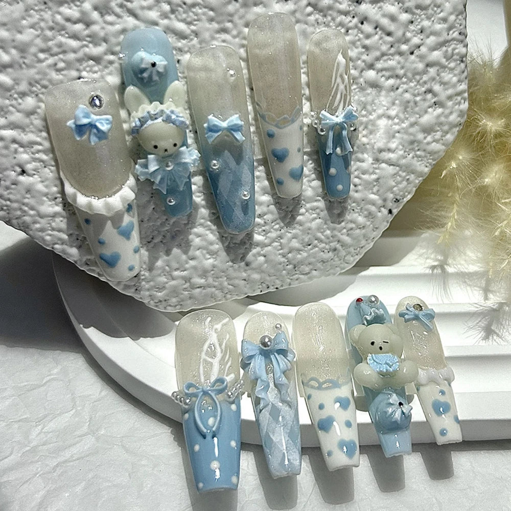 10 Pieces Kawaii 3D Bow Teddy Bear French Handmade Press On Nails Cute Blue Bunny Long Fake Nails Pearls Polka Dot Girl Nail Art