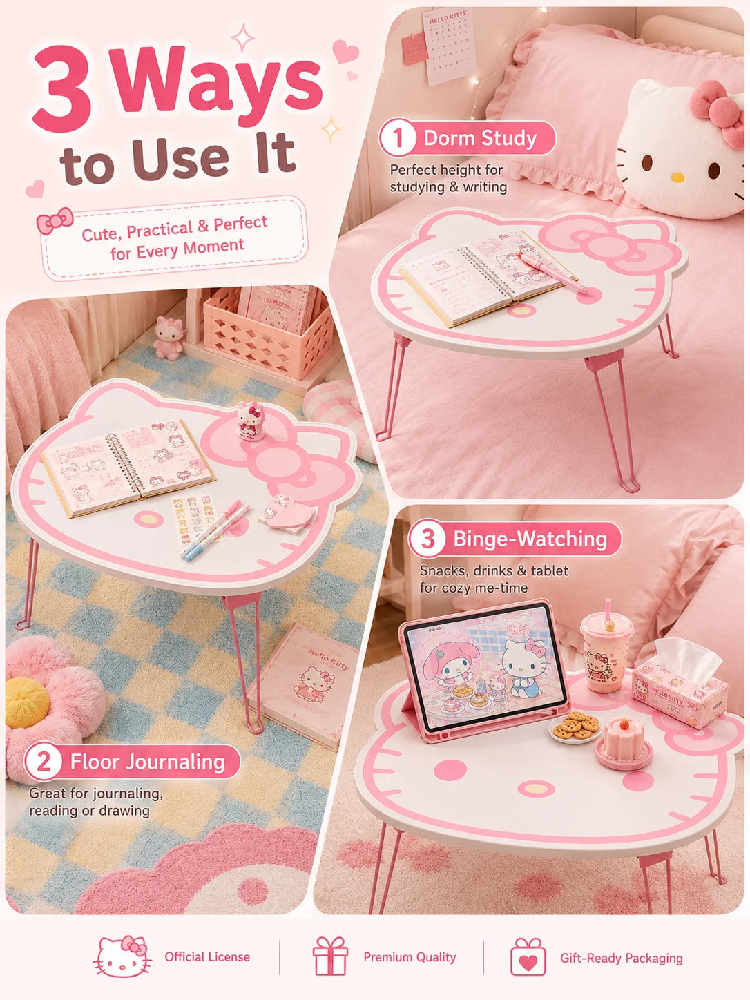 Sanrio Pink Hello Kitty Foldable Table Portable Outdoor Picnic Table Dorm Desk Bedroom Lap Table Car Travel Window Sill Table