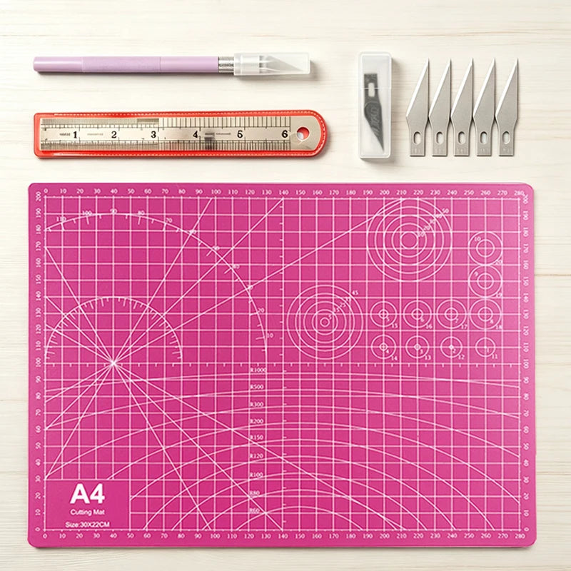 Crafting and Drawing Cutting Mat Set, A4 Pink Eco-Friendly Patchwork Mat, Non-Slip Carving Knife with Handmade Blades, 15cm Steel Ruler, Complete Carving Tools, Suitable for DIY Crafts and Scrapbooking. Holiday gifts,